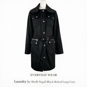 Laundry by Shelli Segal Black Belted Long Coat Utility Pockets Size L